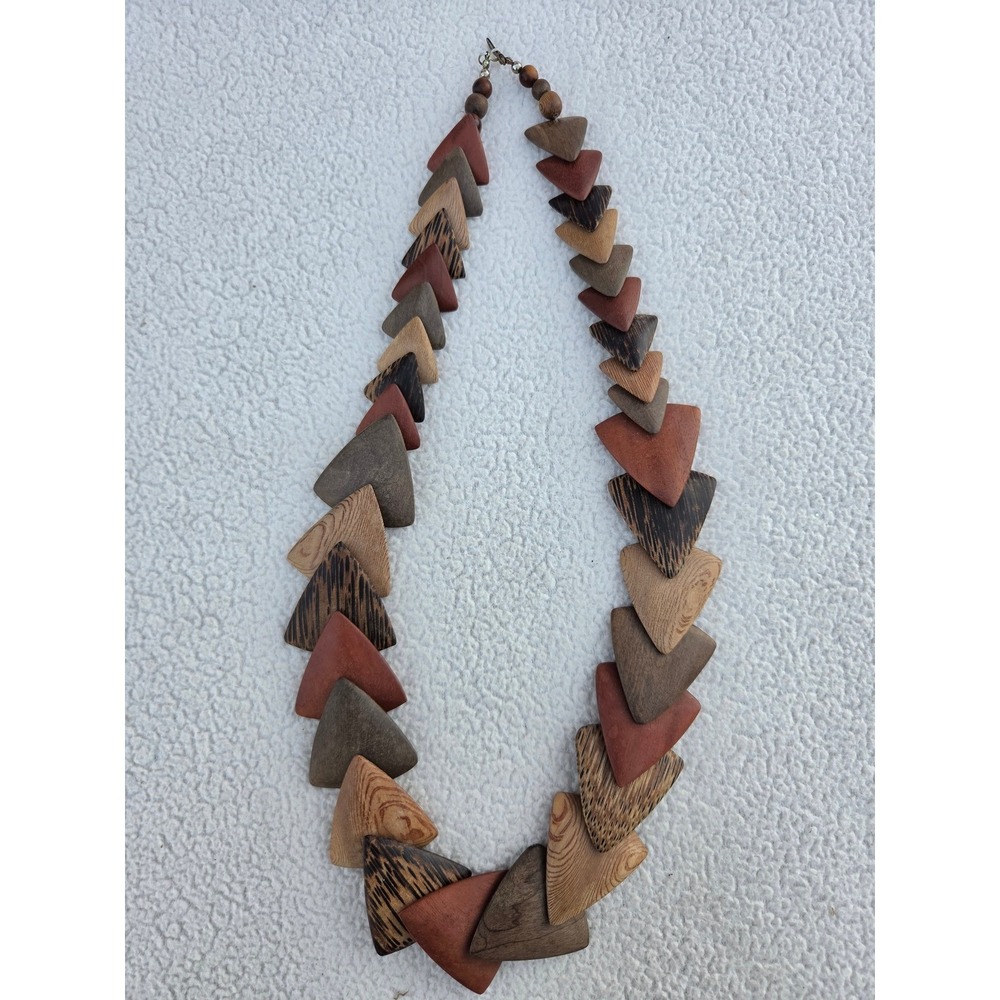 Vintage Wood Triangle Statement Necklace Earth Tones Boho Neutral‎ Jewelry Folk